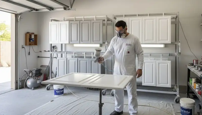 Professional cabinet painting process in Phoenix AZ applying smooth, durable kitchen finishes