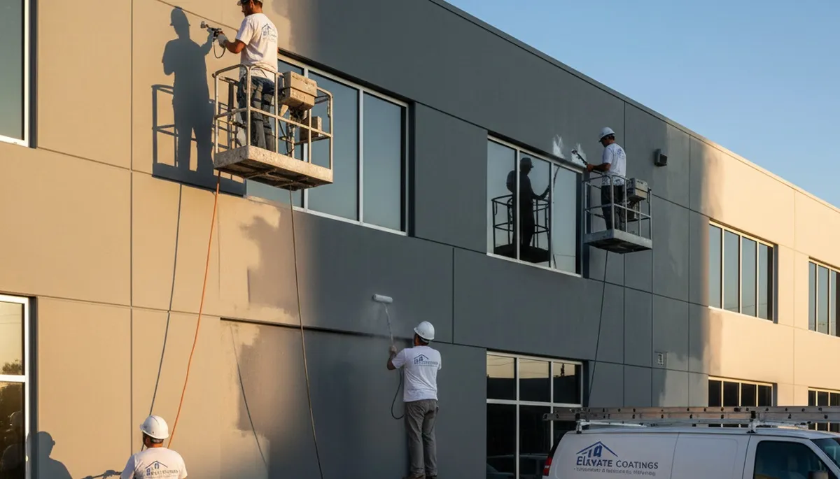 Professional commercial painters in Phoenix AZ applying durable exterior finish to business building