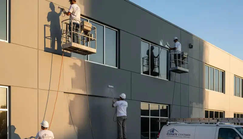 Professional commercial painters in Phoenix AZ applying durable exterior finish to business building