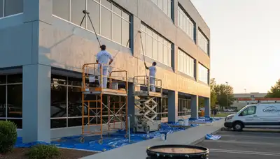 Professional commercial painters working on a business exterior in Phoenix, AZ