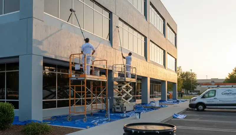 Professional commercial painters working on a business exterior in Phoenix, AZ