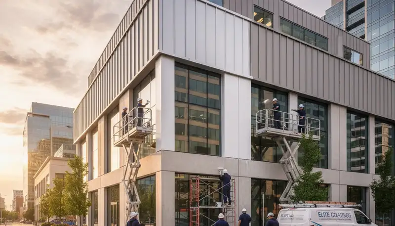 Professional commercial painters finishing exterior building in Phoenix, AZ for a durable desert-ready look