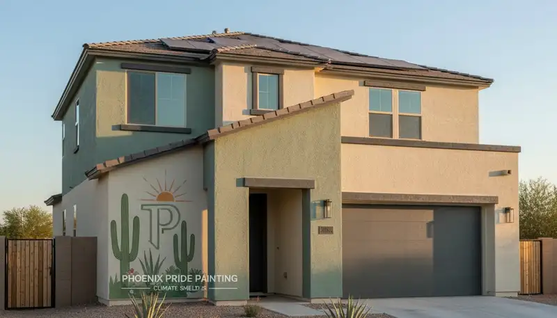 Freshly painted Phoenix AZ home exterior with UV-resistant finish by professional house painters