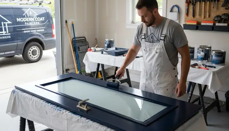 Professional door painting service in Phoenix, AZ refinishing wood entry door for smooth, durable finish