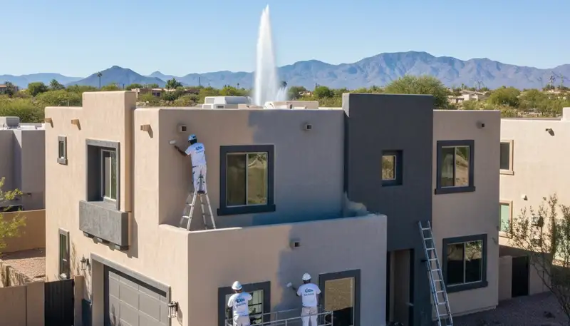House painters in Phoenix, AZ preparing a home exterior for painting
