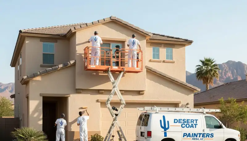 Professional house painters in Phoenix AZ applying exterior paint to a desert-style home