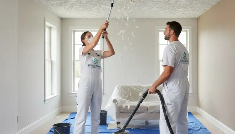 Professional popcorn ceiling removal in Phoenix AZ home with dust-free prep and smooth modern finish
