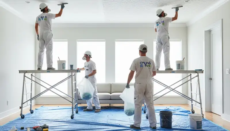 Technician removing popcorn ceiling in Phoenix AZ home for smooth modern finish by local painters