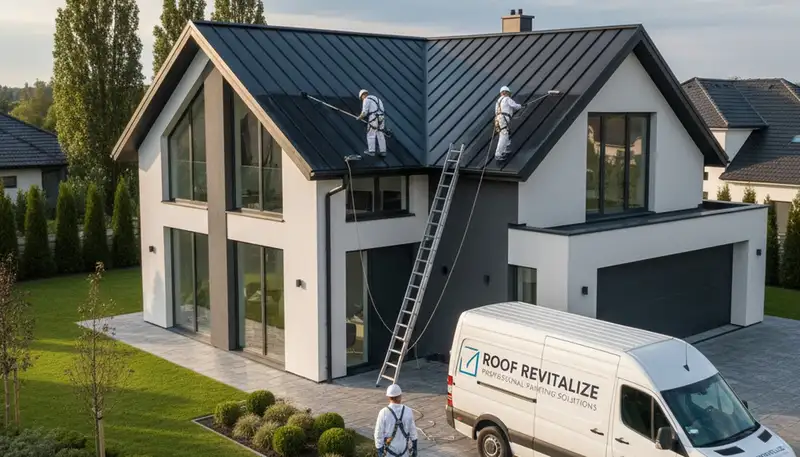 Professional roof painters applying heat-reflective coating in Phoenix, AZ desert climate