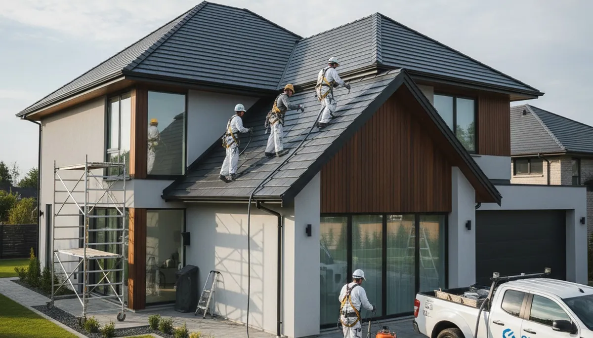 Professional roof painters coating a home in Phoenix, AZ for sun protection and curb appeal