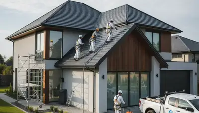Professional roof painters coating a home in Phoenix, AZ for sun protection and curb appeal