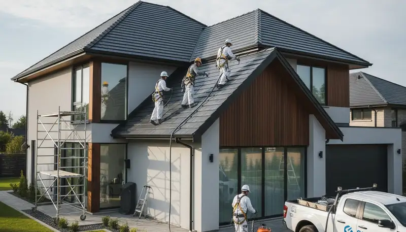 Professional roof painters coating a home in Phoenix, AZ for sun protection and curb appeal