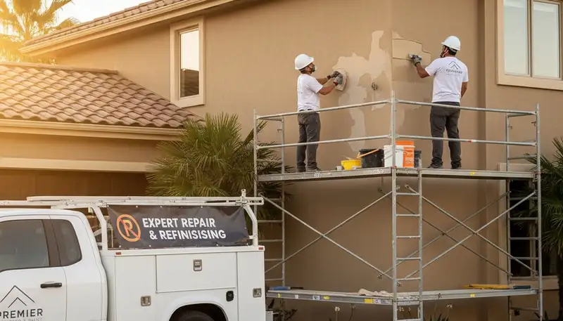 Professional stucco repair and painting on a Phoenix AZ home exterior by expert local contractors