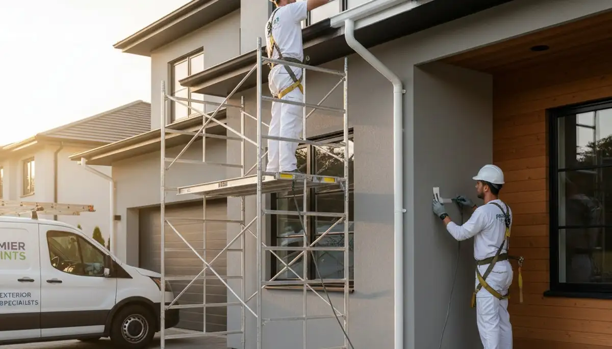 Professional trim and fascia painting on Phoenix, AZ home exterior by local house painters
