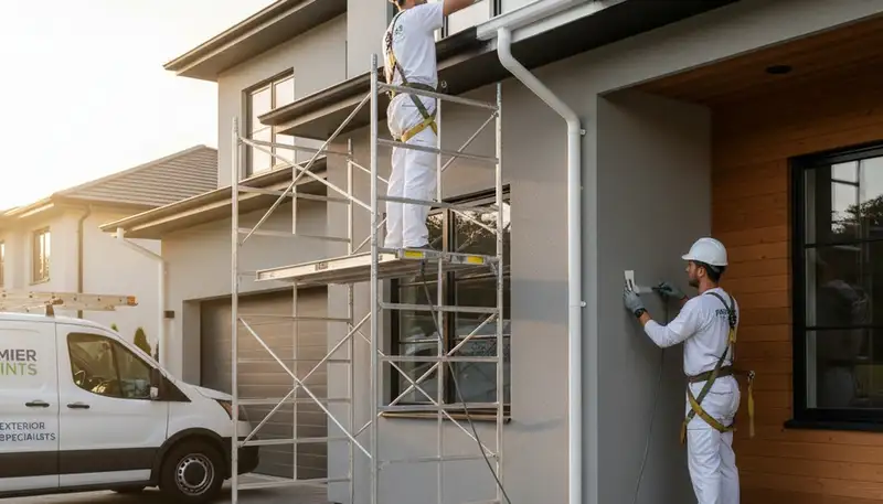 Professional trim and fascia painting on Phoenix, AZ home exterior by local house painters