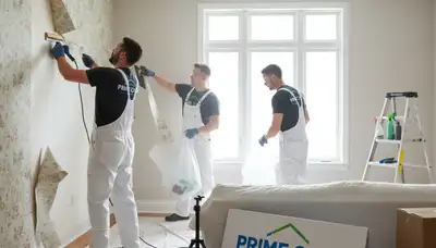 Professional wallpaper removal service in Phoenix AZ preparing stucco walls for fresh interior paint